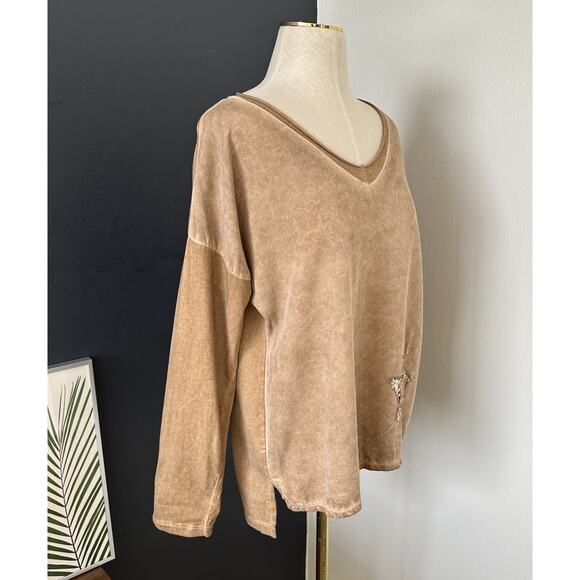 Tina Stephens Shirt Women Top Brown Sequin Star - Picture 3 of 7